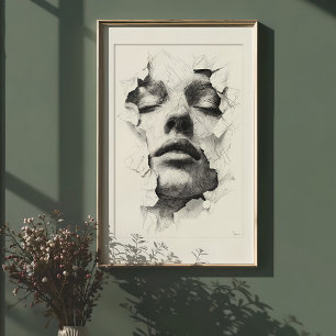 Shattered Serenity: Monochrome lijnkunstgezicht Poster