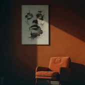 Shattered Serenity: Monochrome lijnkunstgezicht Poster