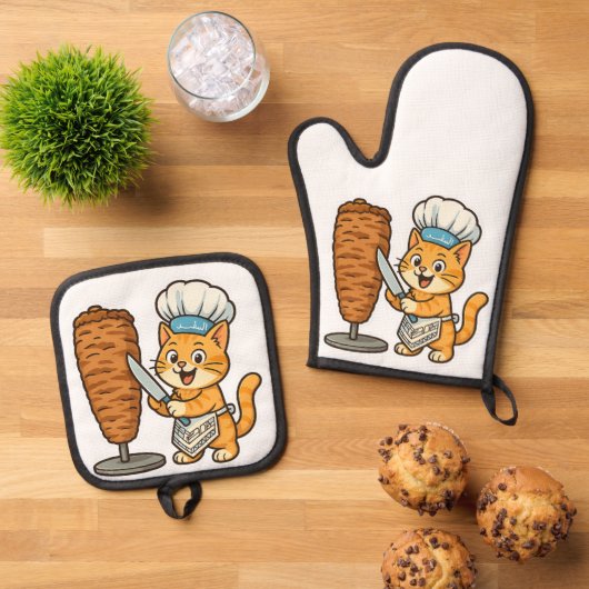 Shawarma Cat Chef Sticker Ovenwant & Pannenlap Set (Top down)