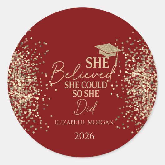  She Believed Gold Glitter Grad Cap,Dots Red Ronde Sticker (Voorkant)