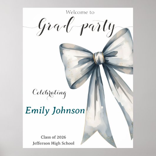 She did it Graduation invitation Photo Blue Bow  Poster (Voorkant)
