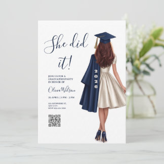 She Did It | Navy Blue Elegant Girl Graduation Kaart