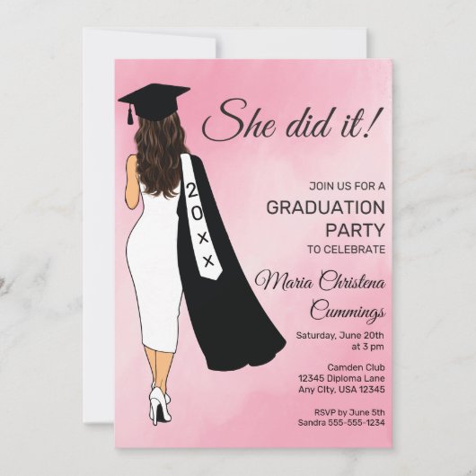 She Did It Pink Graduation Invitation Kaart (Voorkant)