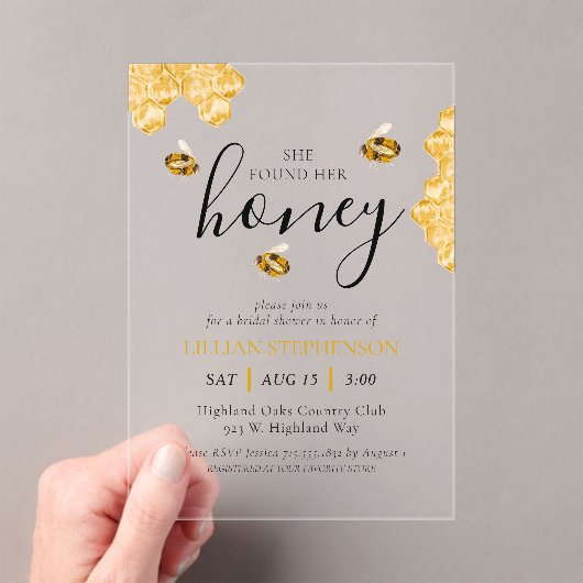 She Found Her Honey Bee Themed Bridal Shower Acryl Uitnodigingen (Insitu (Draagbaar))