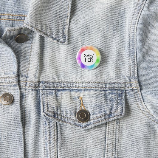 she / her pronoun button badge pin handwritten (In situ)