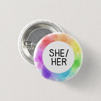 she / her pronoun button badge pin handwritten