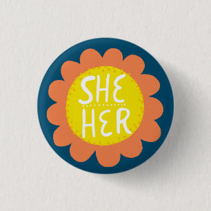 SHE / HER Pronouns Flower Pride Handbriefing Ronde Button 3,2 Cm
