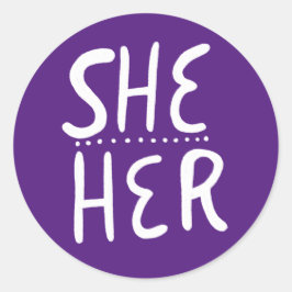 SHE / HER Pronouns Paarse handlettering set van Ronde Sticker