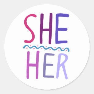 SHE / HER Pronouns Paarse handlettering set van Ronde Sticker
