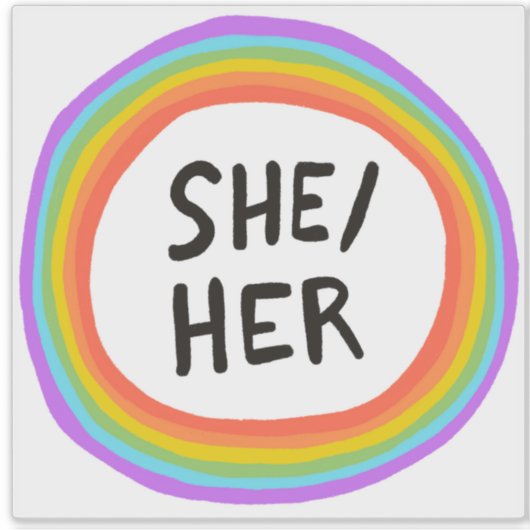 SHE/HER Pronouns Rainbow Circle Handlettering Sticker (Voorkant)
