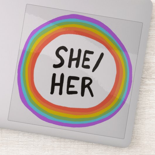 SHE/HER Pronouns Rainbow Circle Handlettering Sticker (Detail)