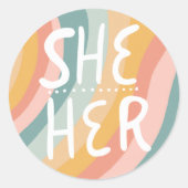 SHE/HER Pronouns Rainbow Handlettering Blad van Ronde Sticker (Voorkant)