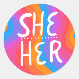 SHE/HER Pronouns Rainbow Handlettering Blad van Ronde Sticker