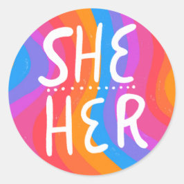 SHE/HER Pronouns Rainbow Handlettering Blad van Ronde Sticker