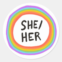 SHE / HER Pronouns Rainbow Handlettering Set van Ronde Sticker