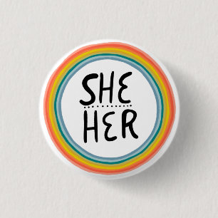 SHE / HER Pronouns Rainbow Ring Colorful Pride Ronde Button 3,2 Cm