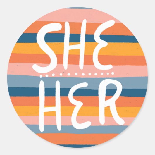 SHE/HER Pronouns Stripes Handlettering Blad van Ronde Sticker (Voorkant)