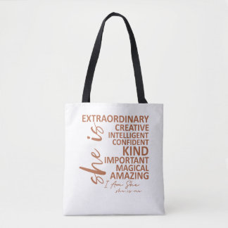 "She is Me" Mocha Mousse Affirmation Typography Tote Bag