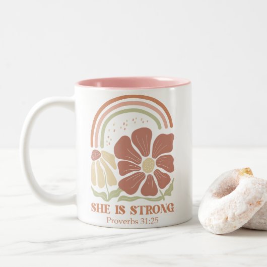 She is strong Bible Verse  Tweekleurige Koffiemok (Met donut)