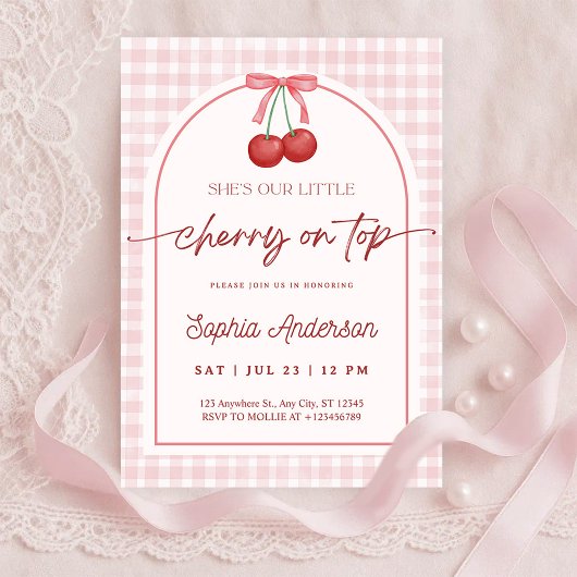 She is the Cherry on Top Gingham Baby Shower Kaart