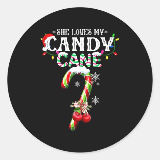 She Loves My Candy Cane I Like Her Peppermint Xmas Ronde Sticker (Voorkant)