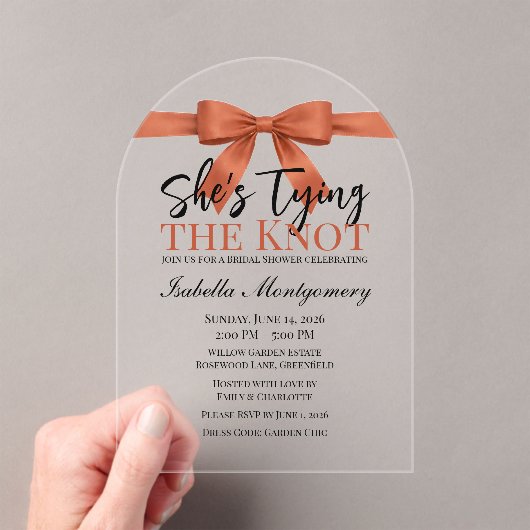 She’s Tying the Knot Theme Terracotta Bow Acryl Uitnodigingen (Insitu (Draagbaar))