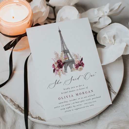 She Said Oui Burgundy Floral Paris Bridal Shower Kaart