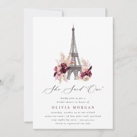 She Said Oui Burgundy Floral Paris Bridal Shower Kaart (Voorkant)
