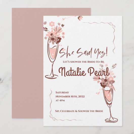 She Said Yes Blush Floral Champagne Bridal Shower Kaart (Voorkant / Achterkant)