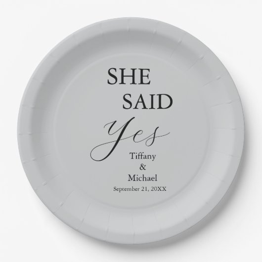 She Said Yes Bridal Shower Grey Papieren Bordje (Voorkant)