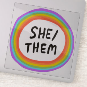 SHE/THEM Pronouns Rainbow Circle Handlettering Sticker