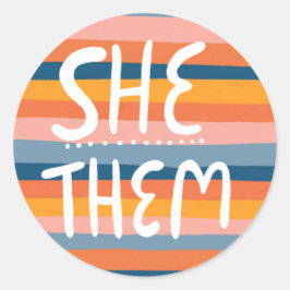 SHE/THEM Pronouns Stripes Handlettering Blad van Ronde Sticker