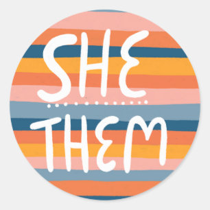 SHE/THEM Pronouns Stripes Handlettering Blad van Ronde Sticker