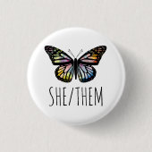 SHE/THEM Pronouns Waterverf Butterfly Ronde Button 3,2 Cm (Voorkant)