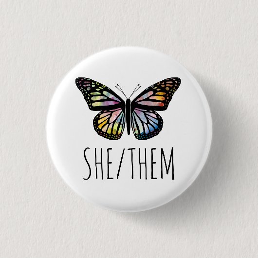 SHE/THEM Pronouns Waterverf Butterfly Ronde Button 3,2 Cm (Voorkant)