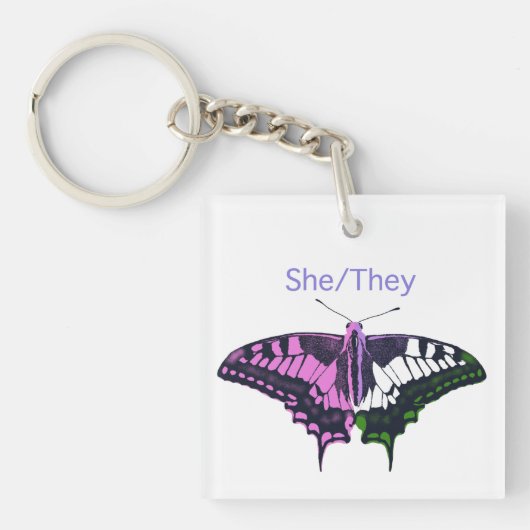 She/They Non-Binary Flag Swallowtail Butterfly Sleutelhanger (Voorkant)