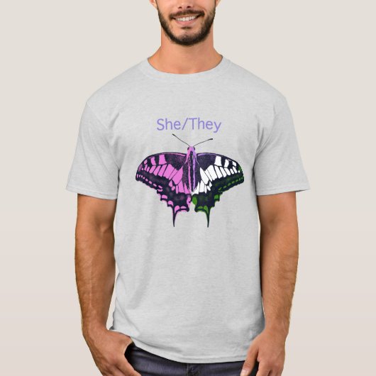 She/They Non-Binary Flag Swallowtail Butterfly T-shirt (Voorkant)