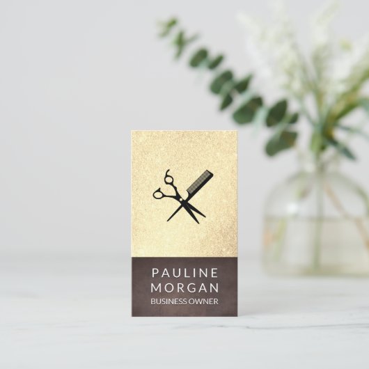 Shear and Comb Elegant Glitter Brown Texture Visitekaartje (Staand voorkant)