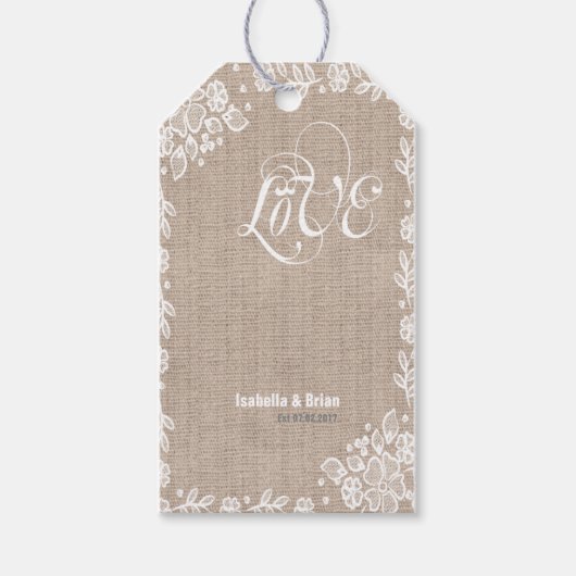 Shear Lace Burlap Rustiek Land Western Bruiloft Cadeaulabel (Voorkant)