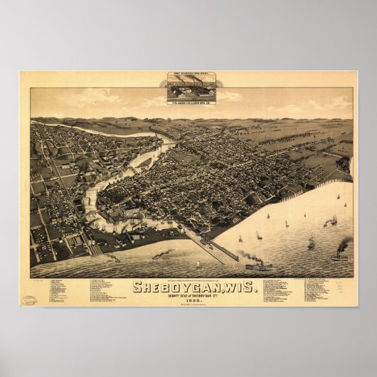 Sheboygan WI 1885 Antiek Panorama Poster (Voorkant)