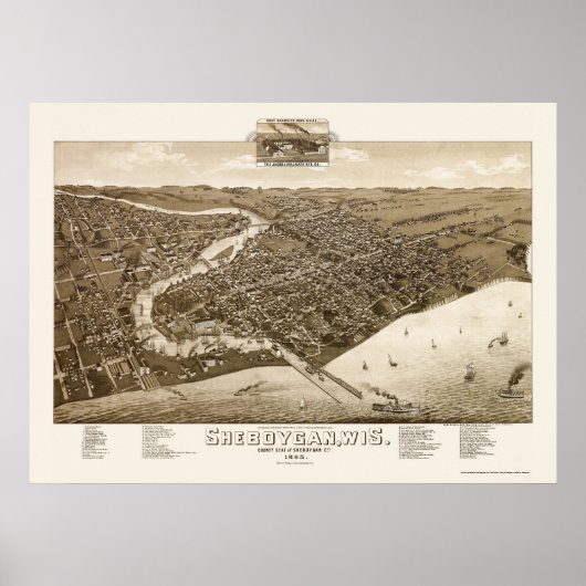 Sheboygan, WI Panoramic Map - 1885 Poster (Voorkant)