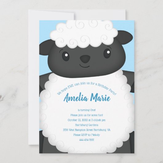 Sheep Birthday Party Blue Kaart (Voorkant)