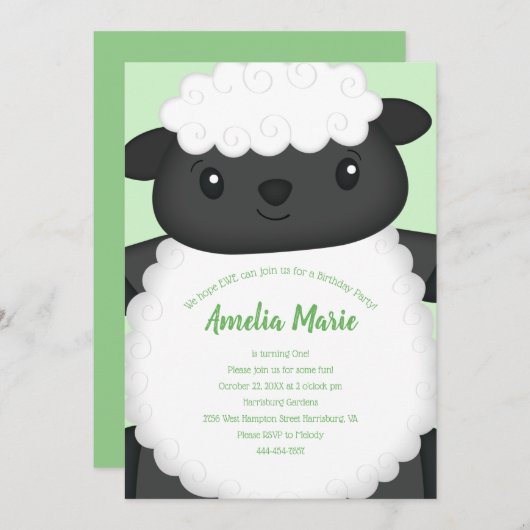 Sheep Birthday Party Green Kaart (Voorkant / Achterkant)