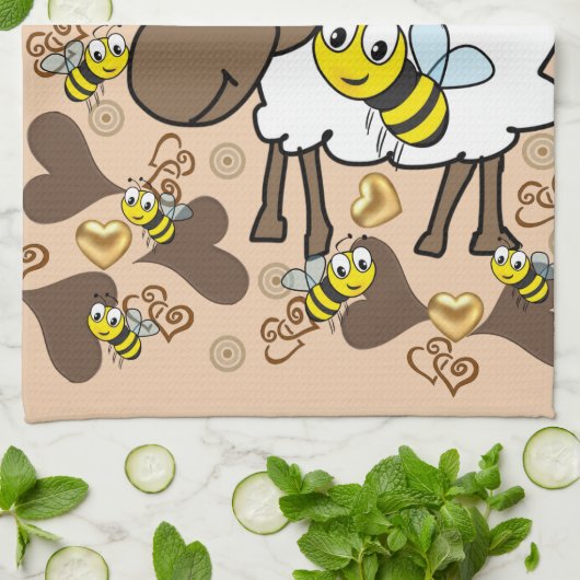Sheep Brown Hearts Bee Kitchen Hand Towel Theedoek (Gevouwen)