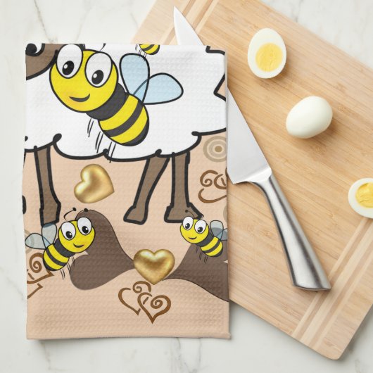 Sheep Brown Hearts Bee Kitchen Hand Towel Theedoek (Quarter Fold)
