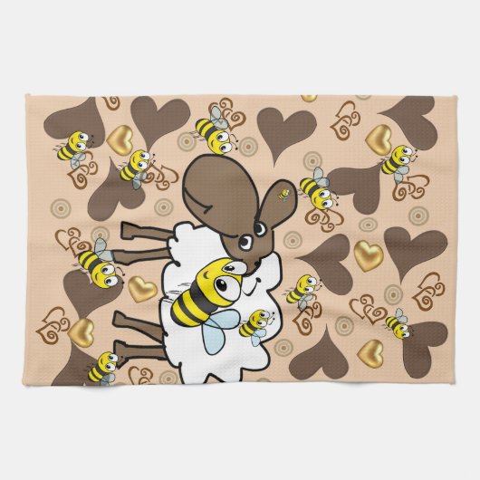 Sheep Brown Hearts Bee Kitchen Hand Towel Theedoek (Horizontaal)