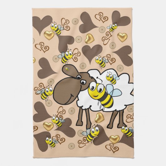 Sheep Brown Hearts Bee Kitchen Hand Towel Theedoek (Verticaal)