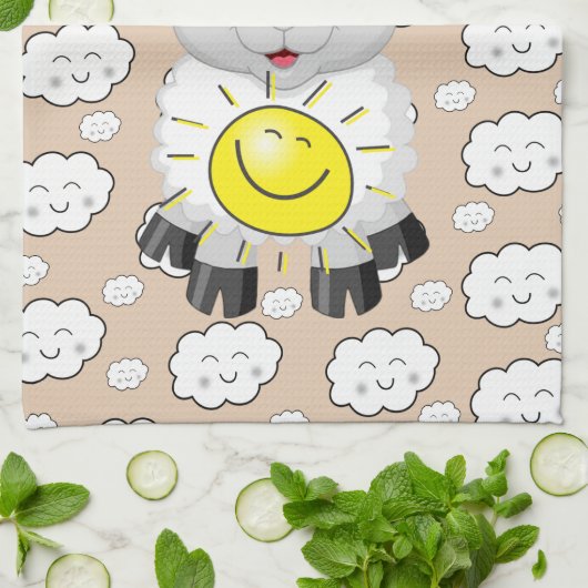 Sheep Clouds Sun Kitchen Hand Towel Theedoek (Gevouwen)