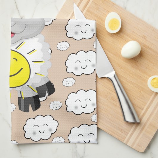 Sheep Clouds Sun Kitchen Hand Towel Theedoek (Quarter Fold)