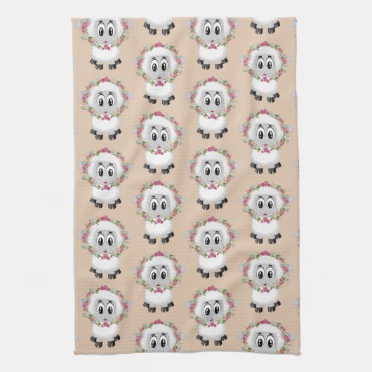Sheep Floral Beige Kitchen Hand Towel Theedoek (Verticaal)